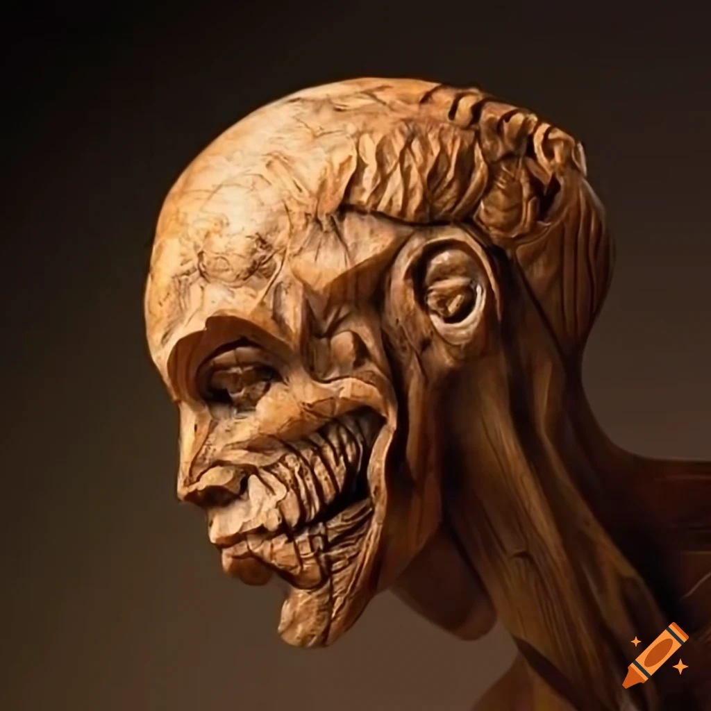 Man suffering from mental disorders in medieval wood carving style