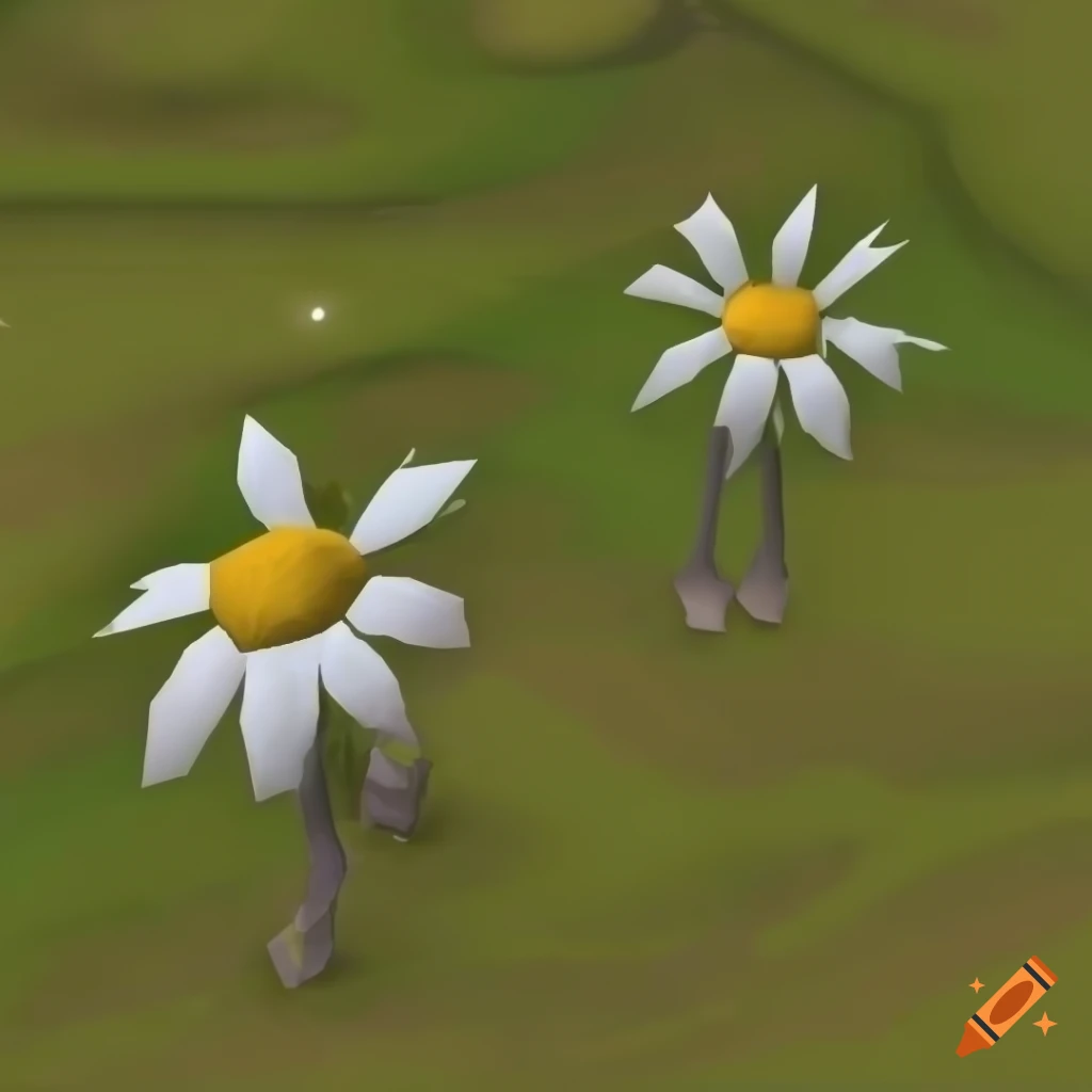 Daisy field inspired by classic runescape with big flowers in the foreground