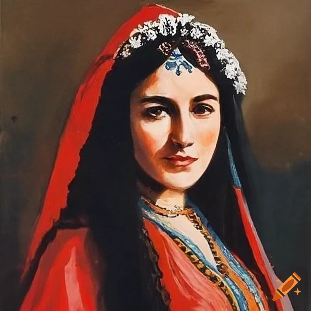 Charming Turkish peasant girl in traditional Ottoman Greek dress
