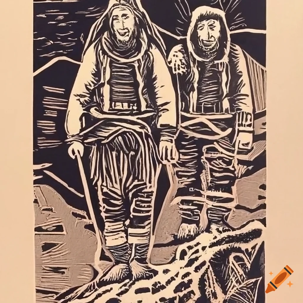 Two mountaineers in a linocut style