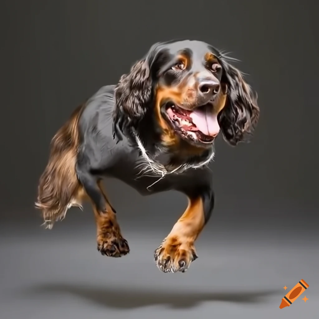 Springer Spaniel with Rottweiler's head chasing a duck on Craiyon