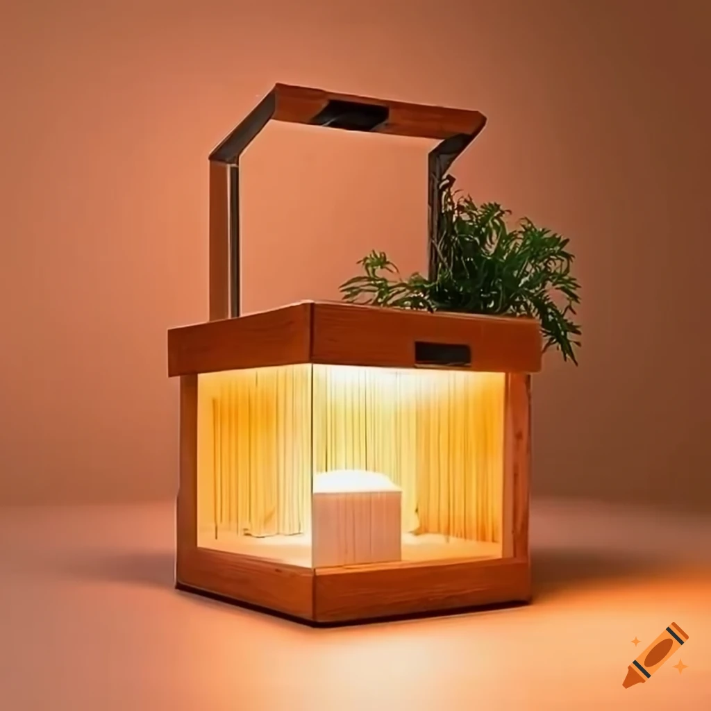 Detailed eco-friendly solar-punk box with intricate woodwork and greenery