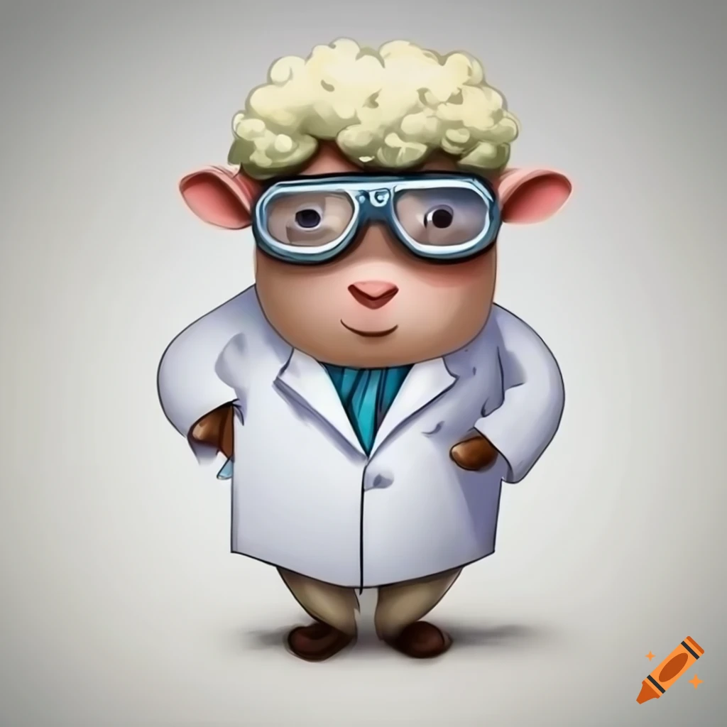 Cartoon of a brilliant sheep in a lab coat and goggles