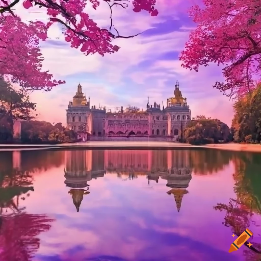 Lagoon with pink trees around and a golden palace with hills in the background