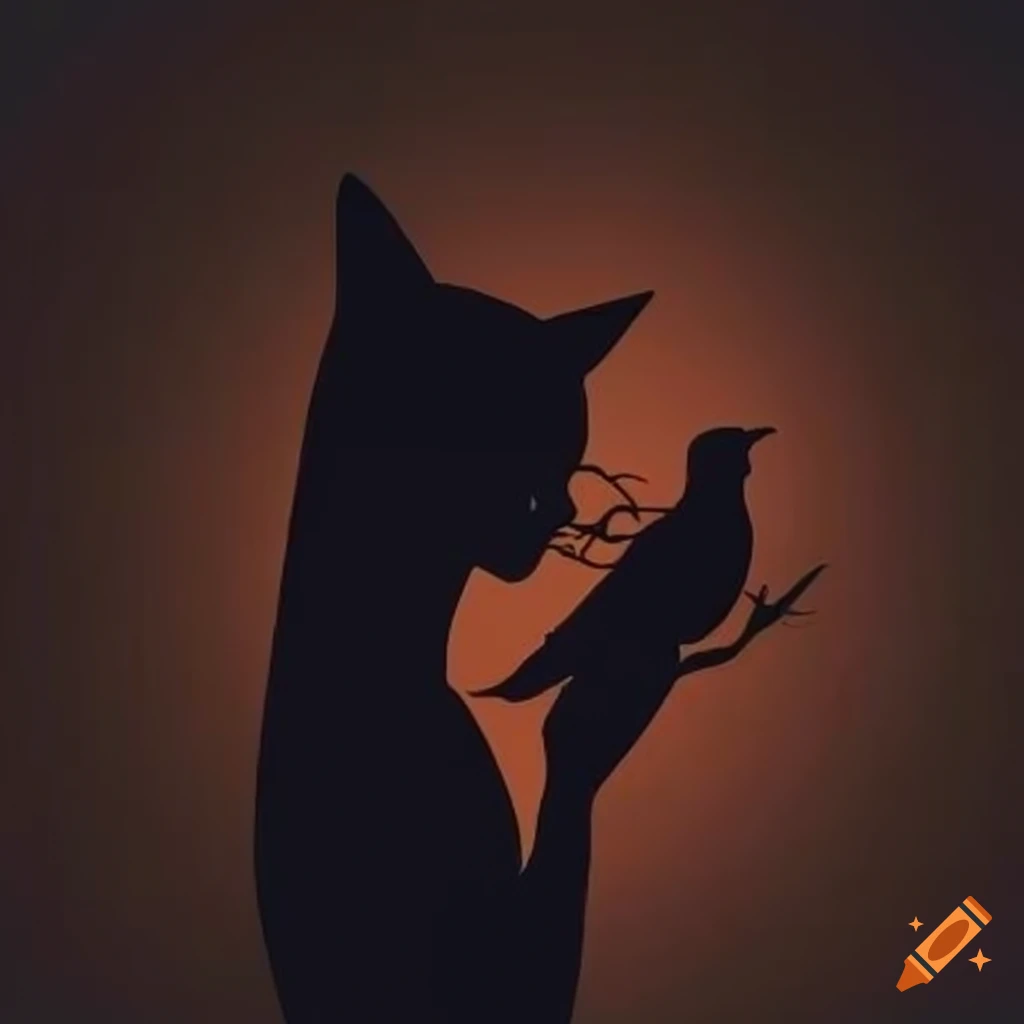 Silhouette of cat and bird forming a woman's face