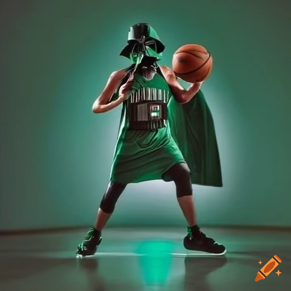 Darth Vader playing basketball in a Boston Celtics uniform