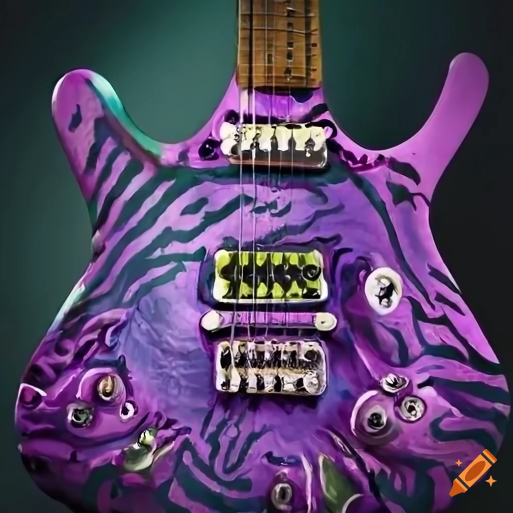 Light purple sea monster with 5 heads on an electric guitar