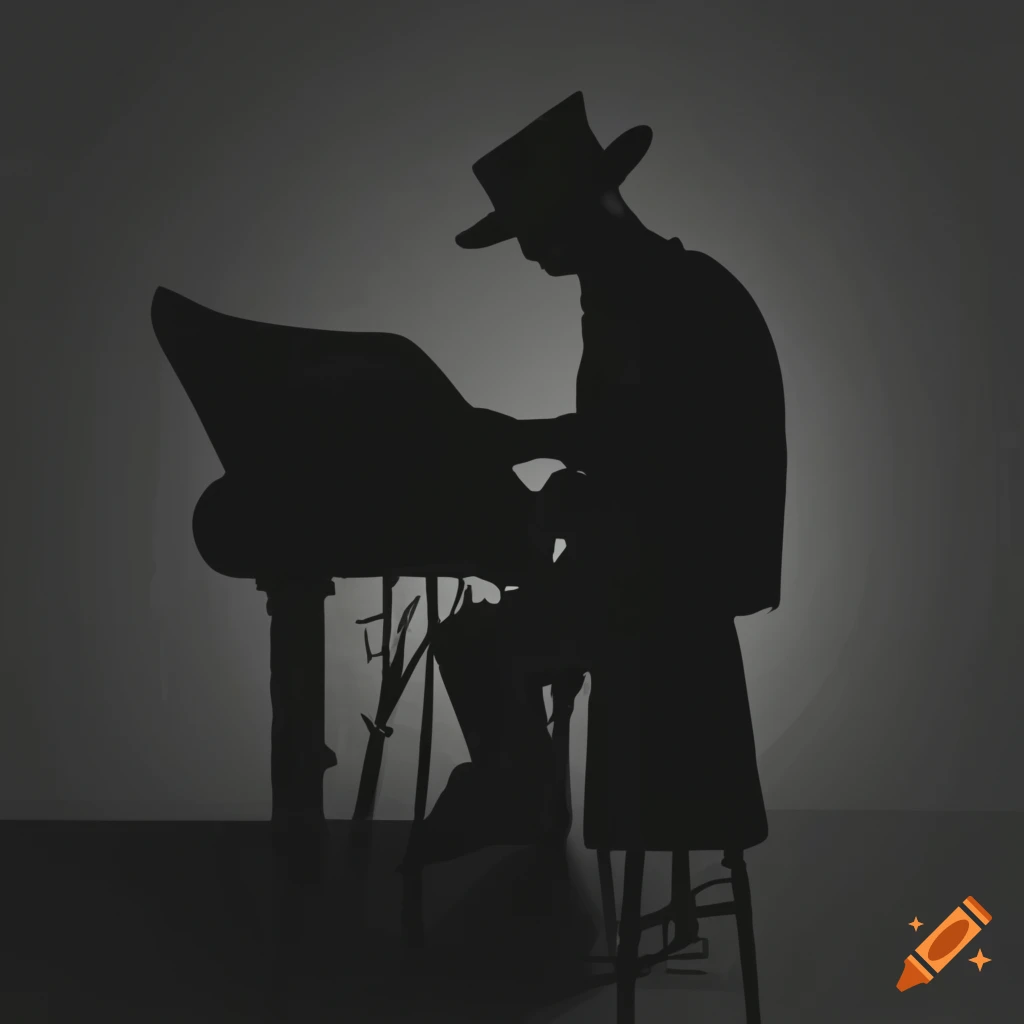 Silhouette of a man playing a keyboard with a small hat
