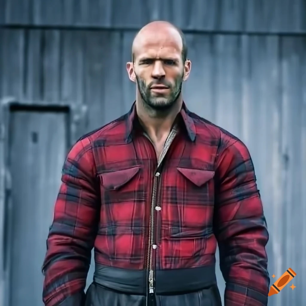 Young man in red plaid shirt and black leather jacket and trousers
