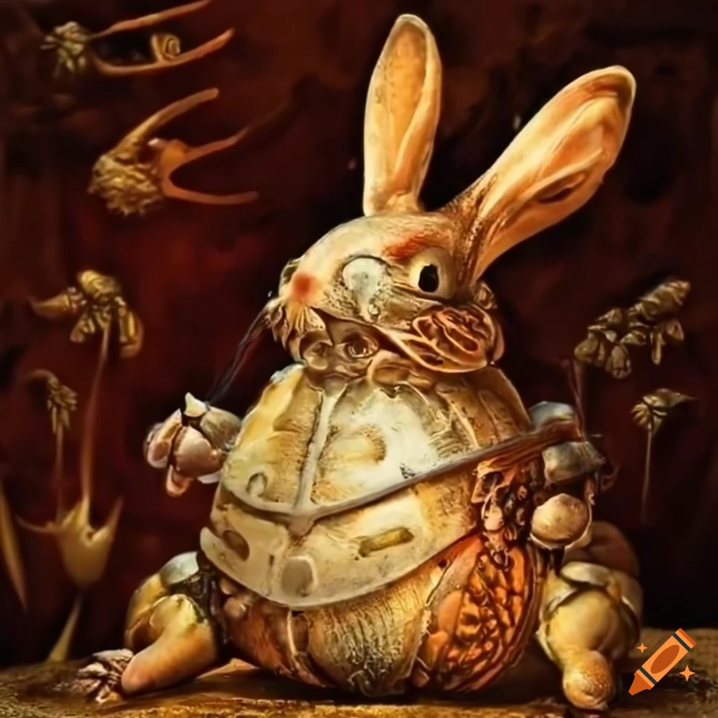 Rabbits with crab legs wearing ornate armor on the beach under the ...