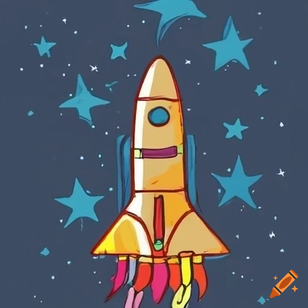 Childish space rocket flying through stars