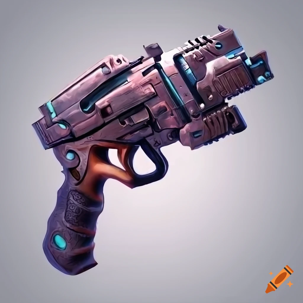 Futuristic pistol with cybernetic technology on white background