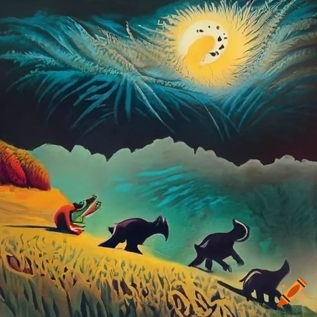 Stone lithograph of stormy sky with Islamic Calligraphy and native Salish animal motifs