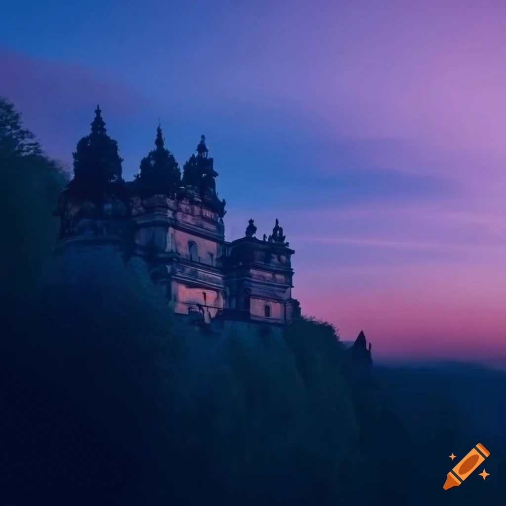 Dresden garden house with crystal windows, trees, and flowerbeds at dawn