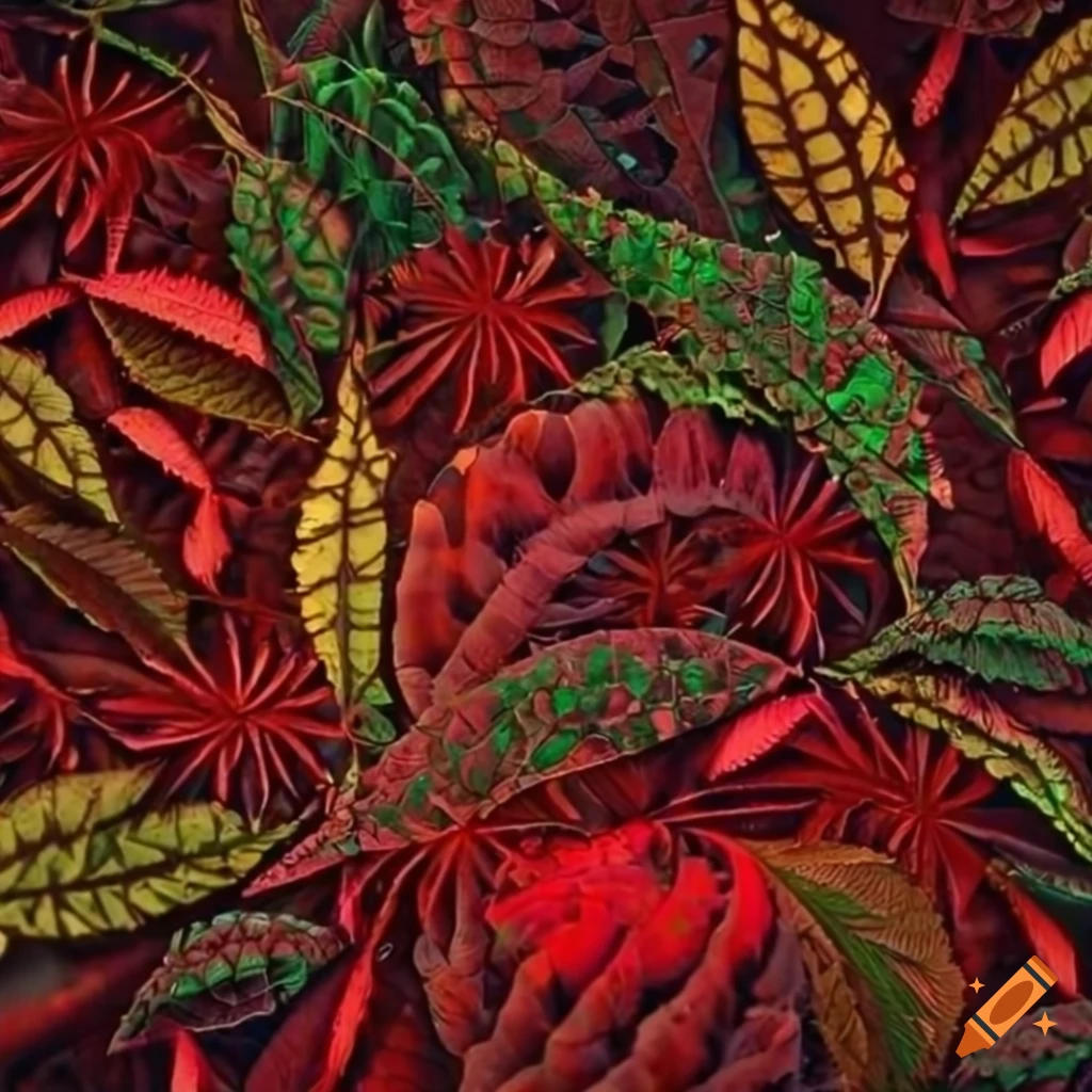 Intricate mosaic of green leaves with vibrant red accents inspired by hemp plants