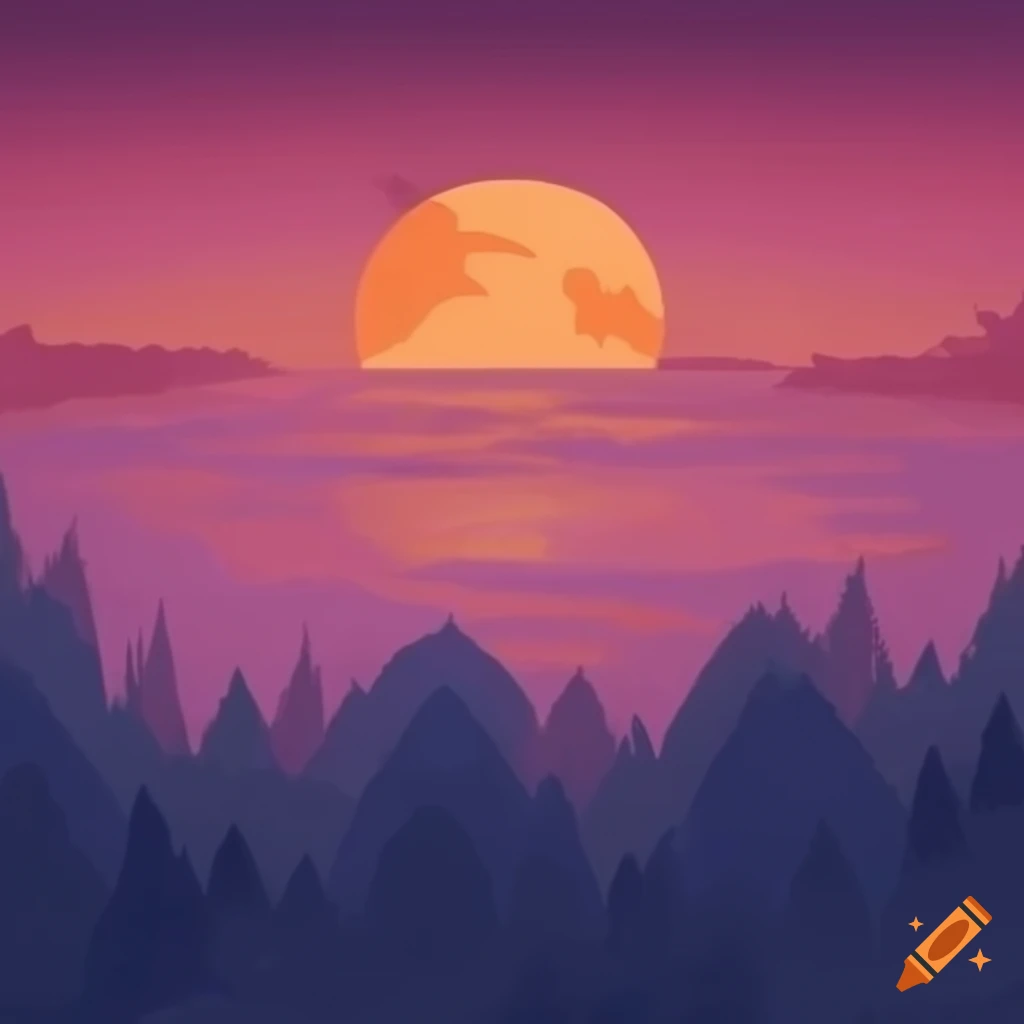 Split image of nature at dusk and dawn in pastel cartoon style
