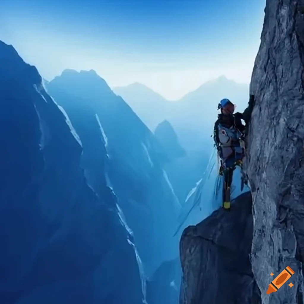 Alpiniste in blue outfit and white helmet facing front on a mountain
