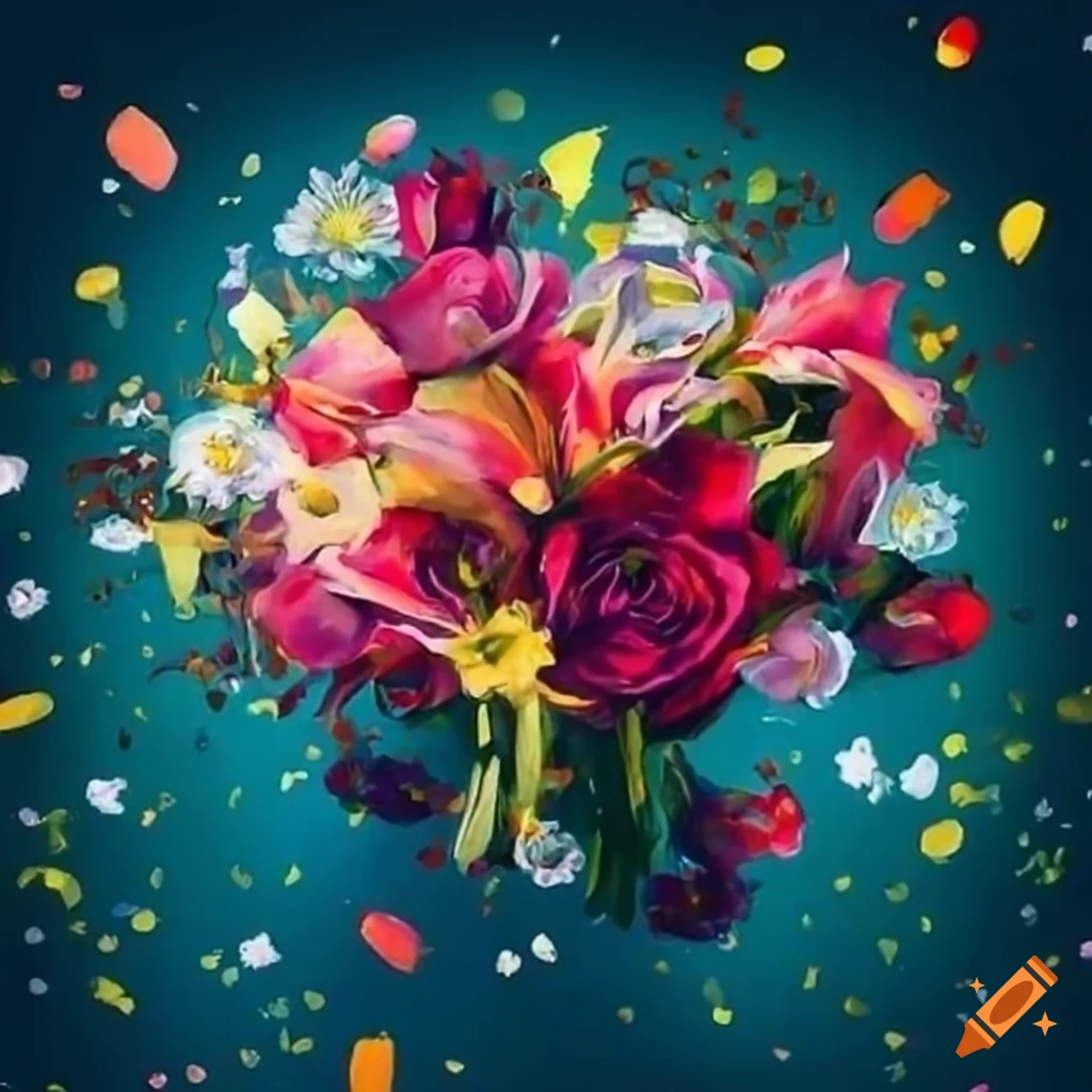 Vibrant painting with flowers and confetti flying in the air