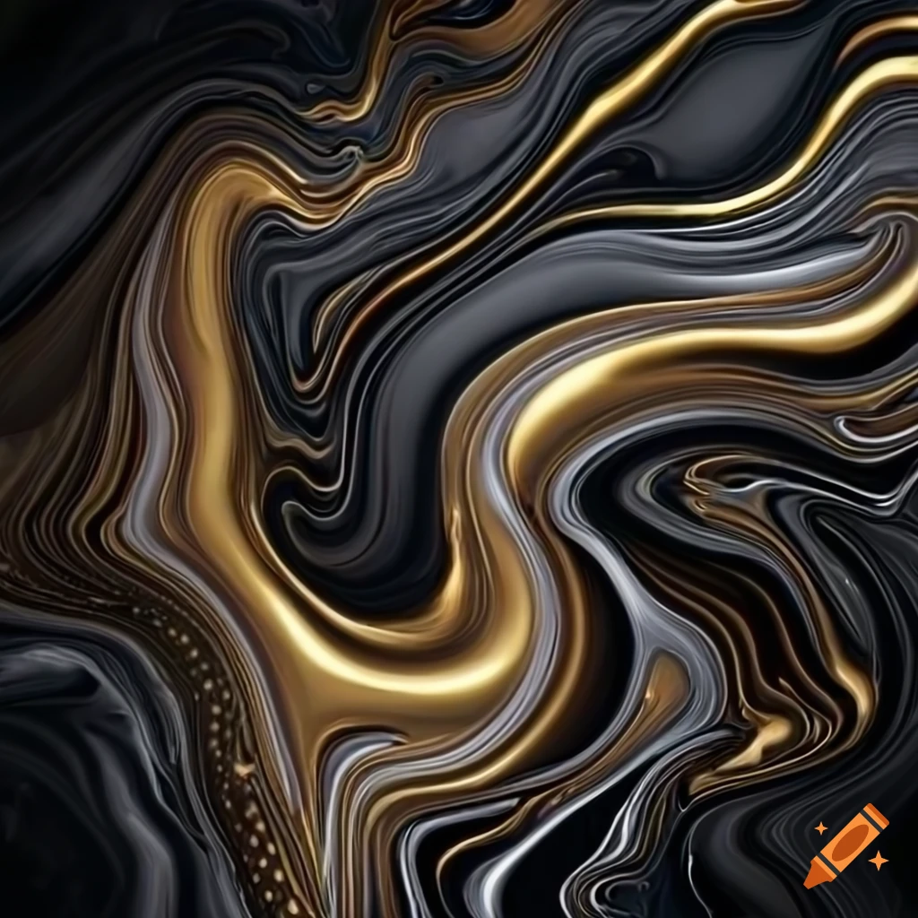 Fluid art with metallic gold and gray abstract waves on black background