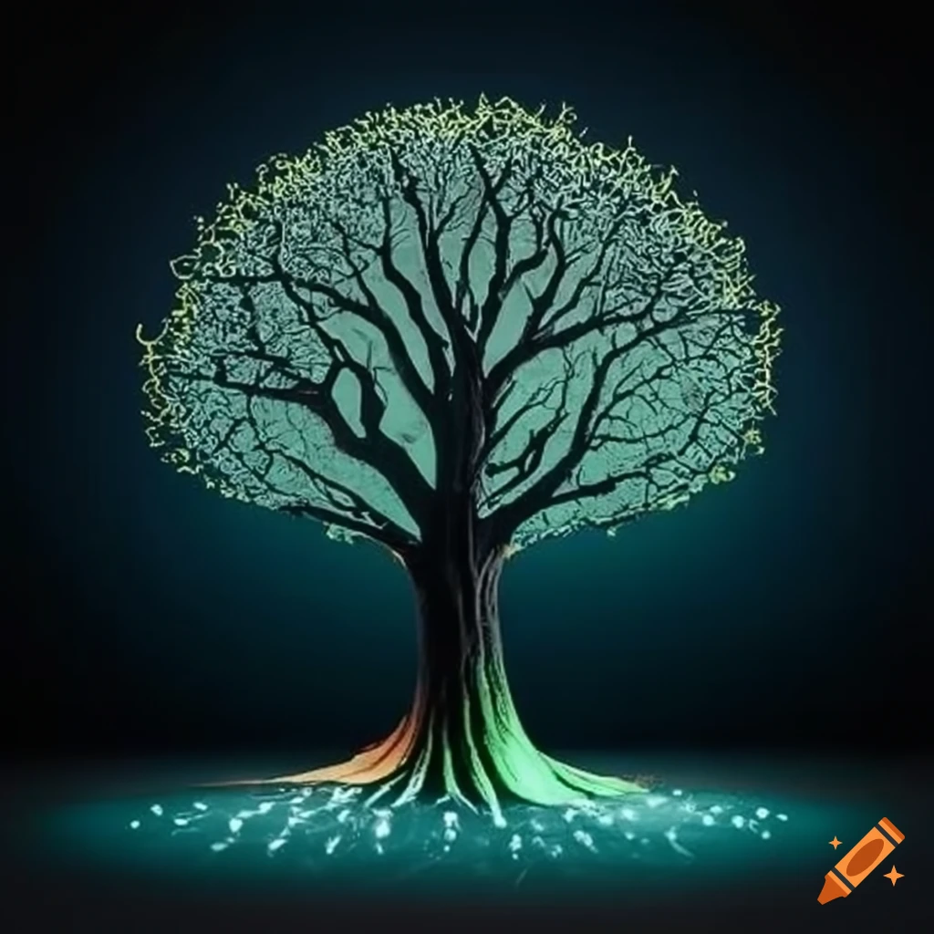 Arbre stylisé avec racines et branches formant un circuit numérique