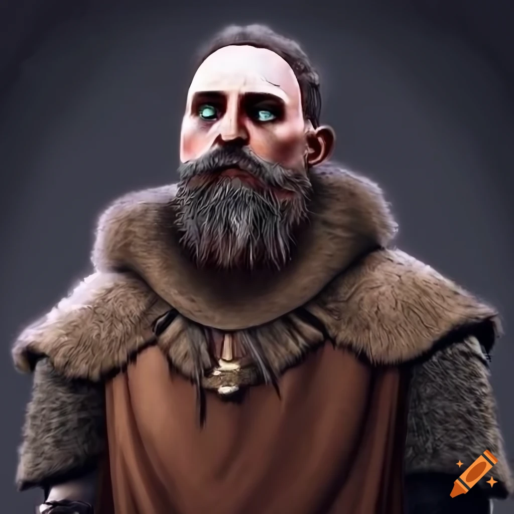 Bronze age leader in leather tunic and fur cloak with dark beard in ps1