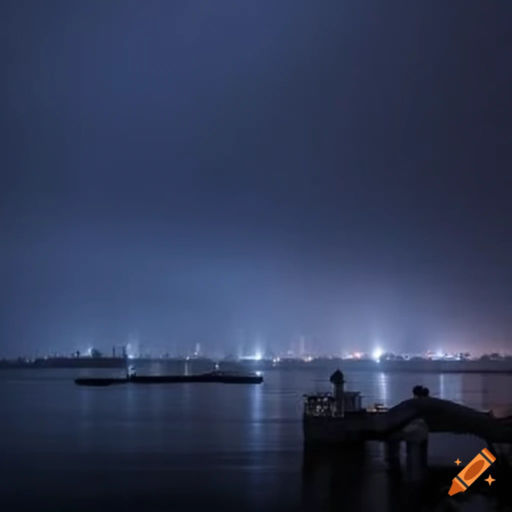 Distant modern city skyline in the rain at dusk