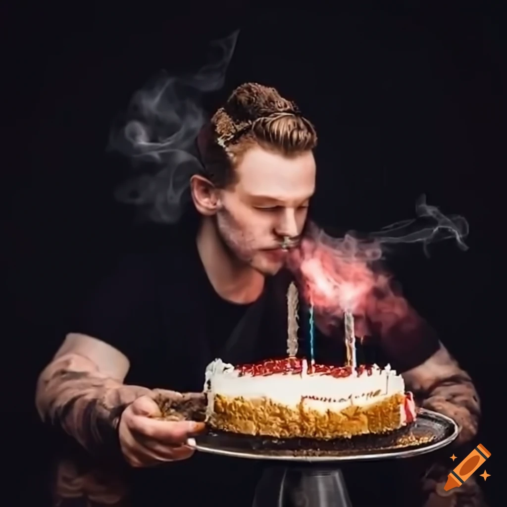 Young man vaping while baking a birthday cake in Scotland