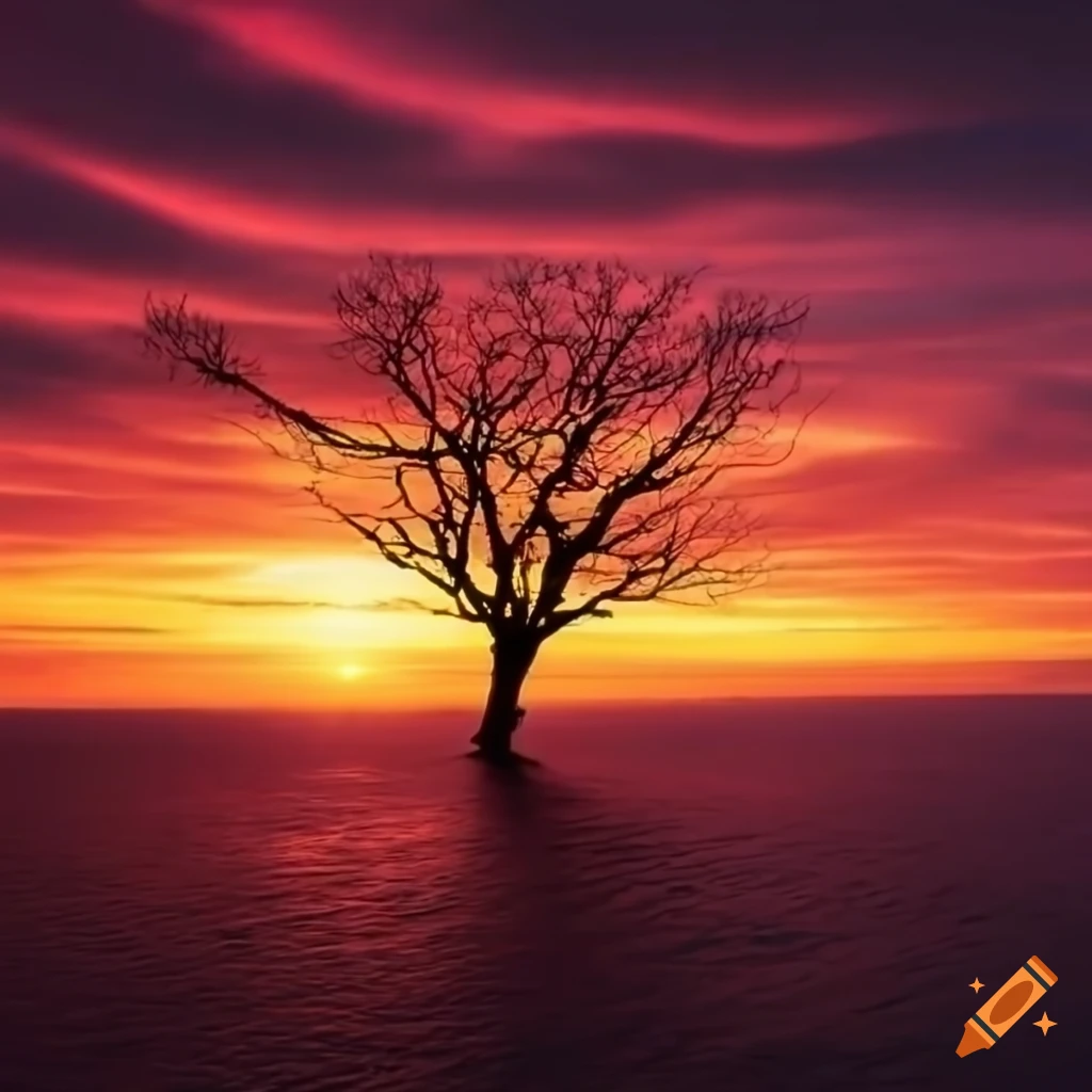 Lone tree silhouette against a sunset on Craiyon
