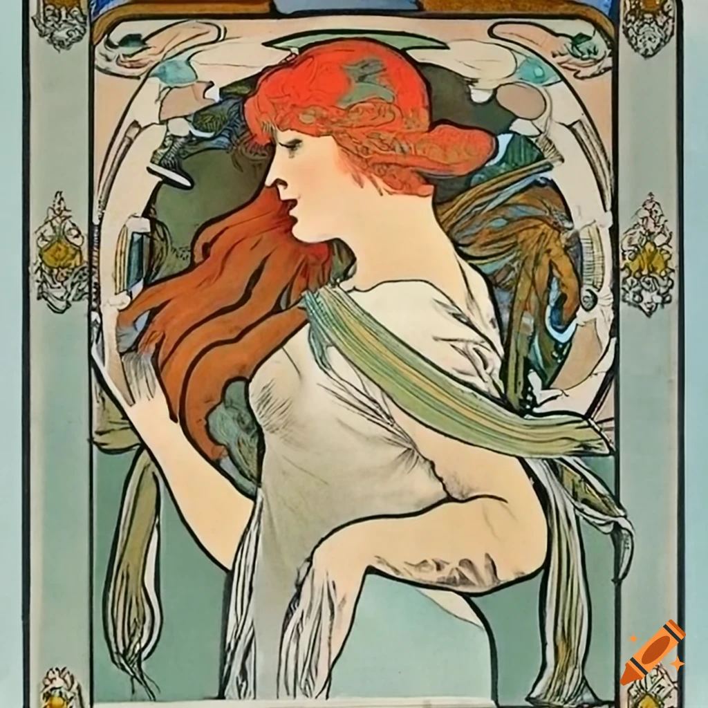 Jugendstil woodcut by Alphonse Mucha of a young man and woman in a minimalistic room