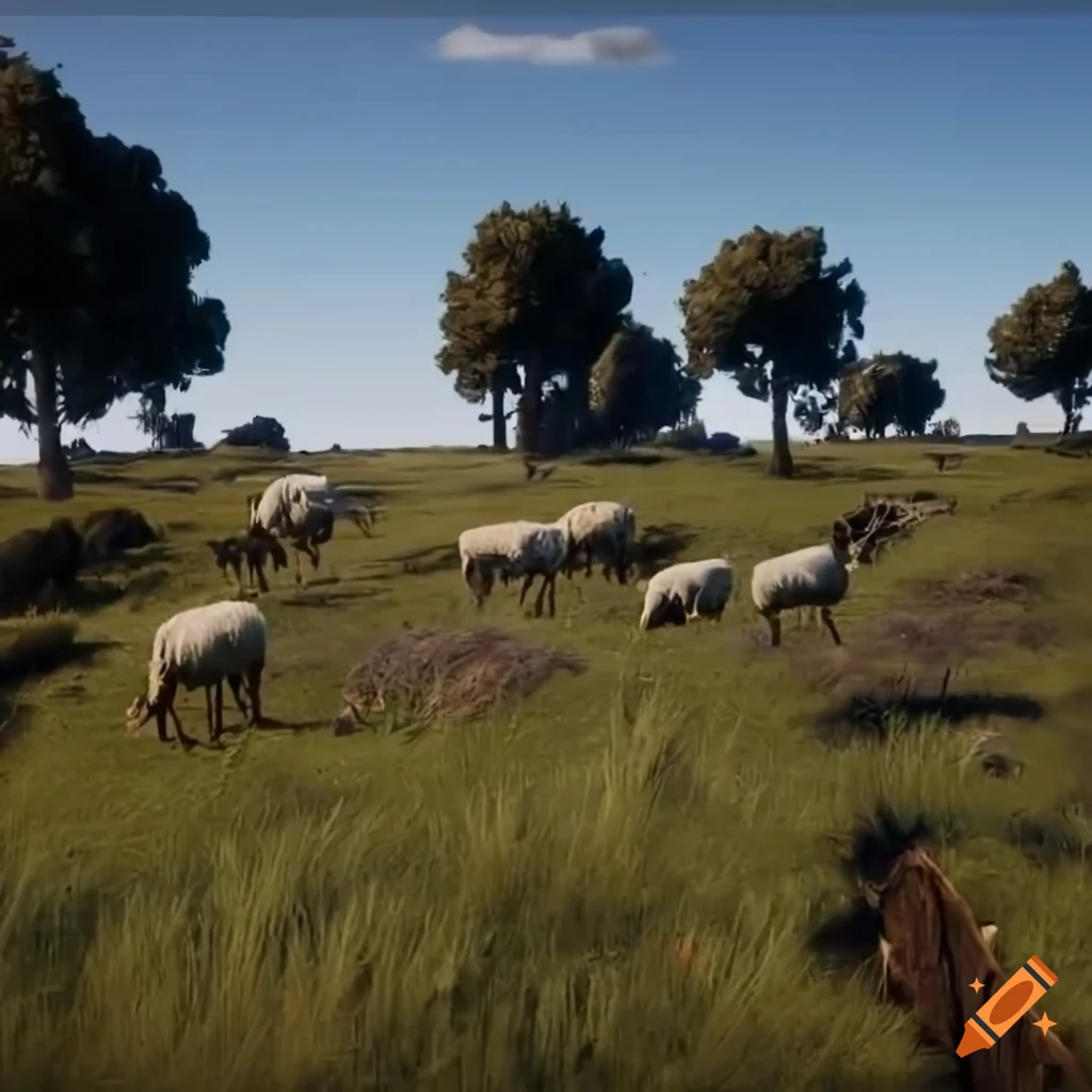 Sheep on grassland with Australian tree, farm house, and old man under blue sky