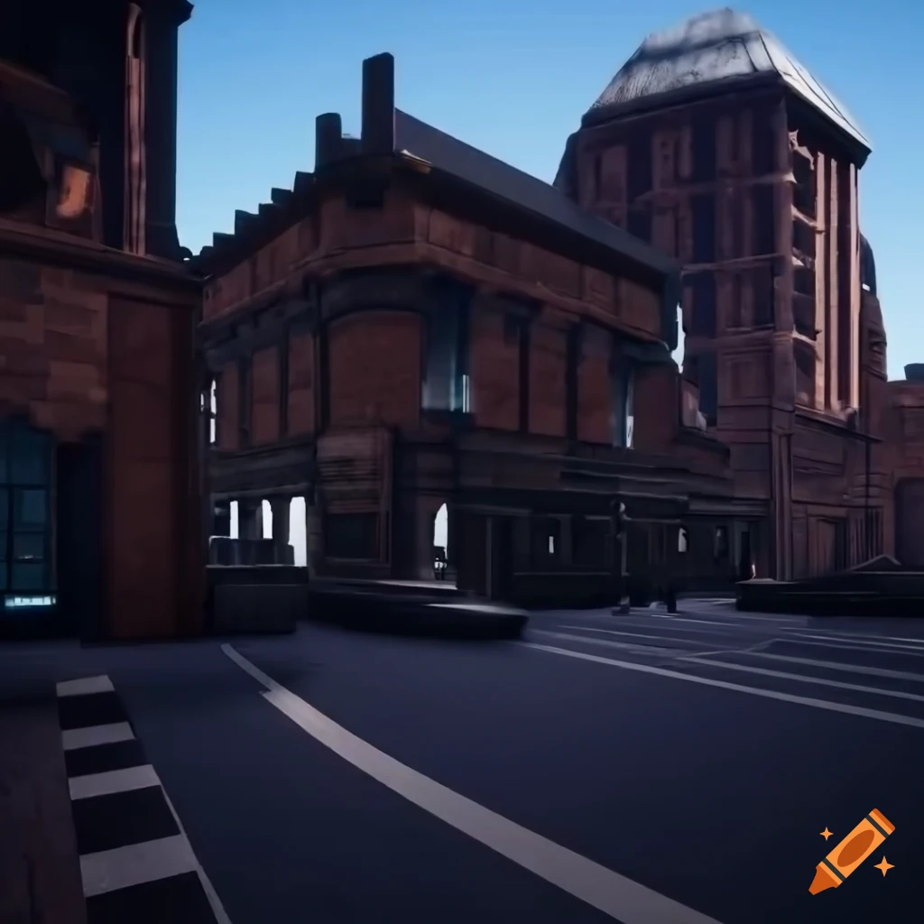 Australian sci-fi town historical square with futuristic cars, crowd of people, and blue sky