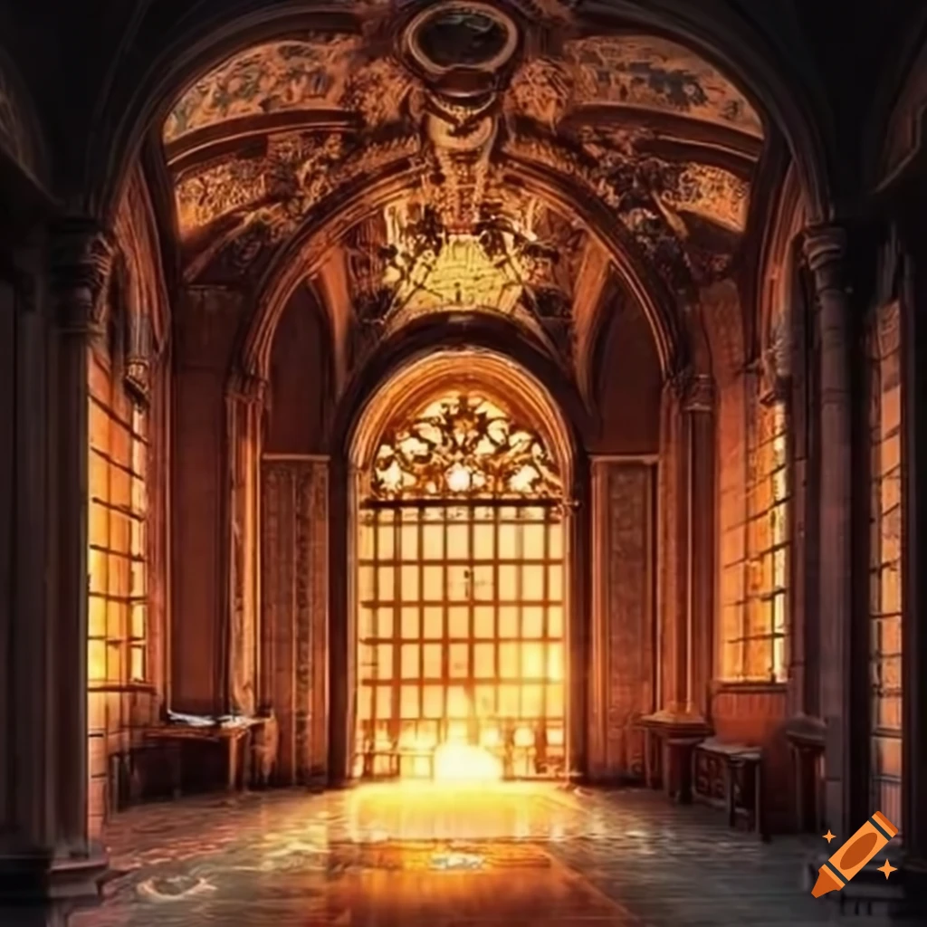 Interior of a palace at sunset with a hand holding a smartphone