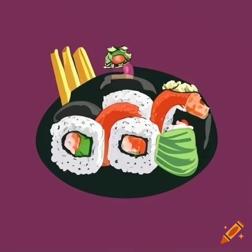 Vector sushi icons on black plate with wasabi