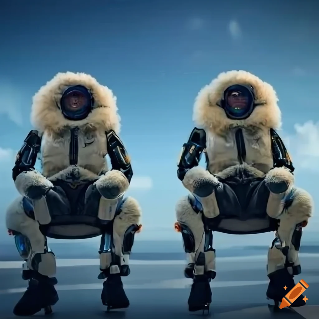 Futuristic scifi robots in sherpalined bomber jackets on a futuristic