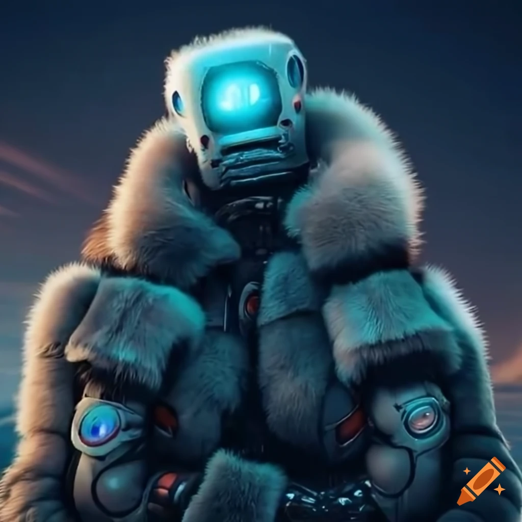 Scifi robots in furlined bomber jackets hugging in a crashing