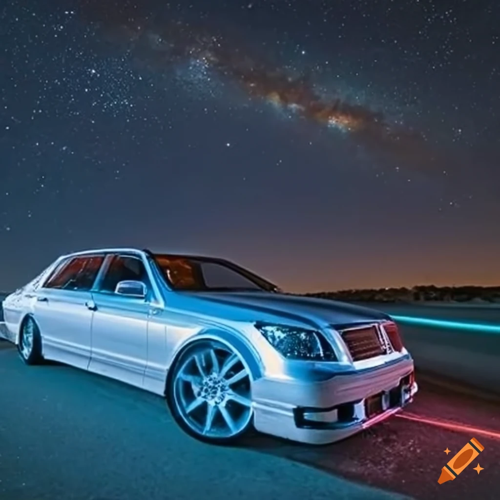 Sleek Toyota Crown under starry night sky in long exposure shot