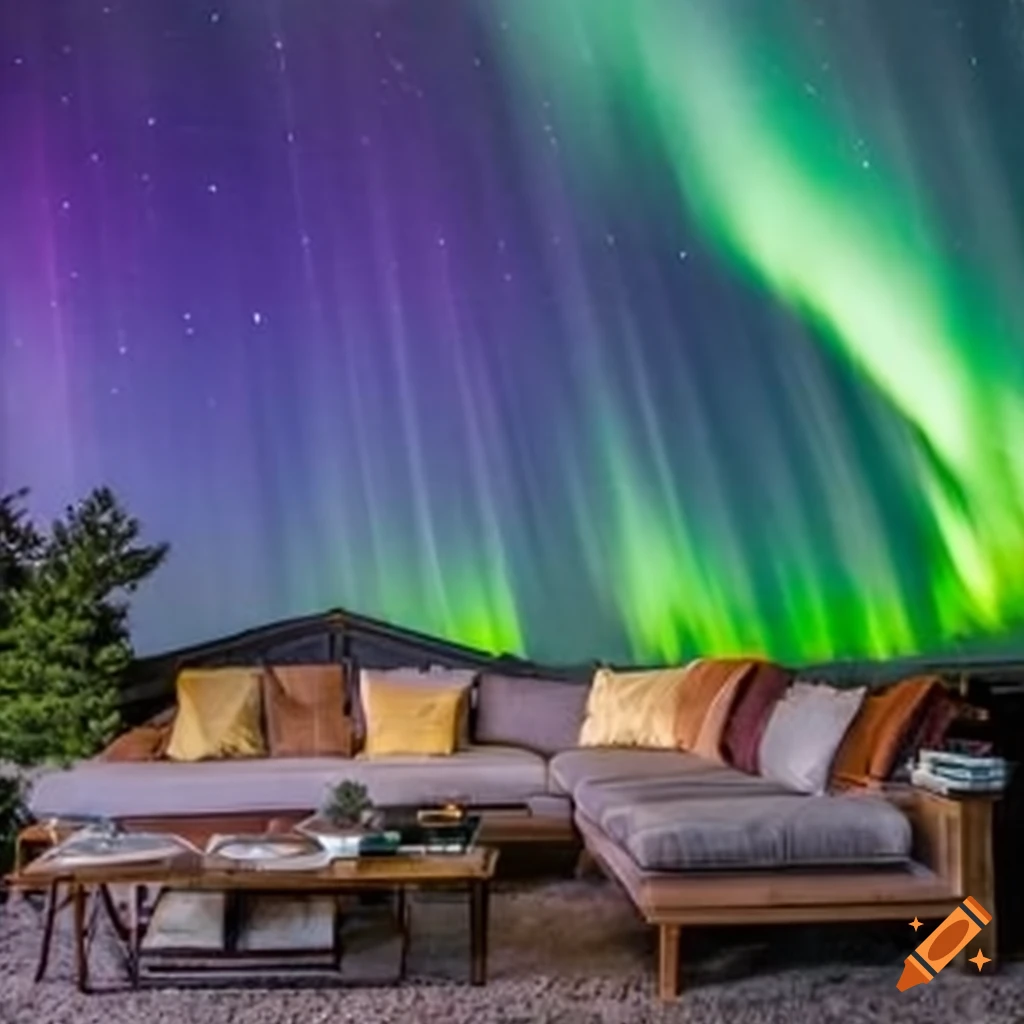 Northern lights themed living room with cosmic lighting