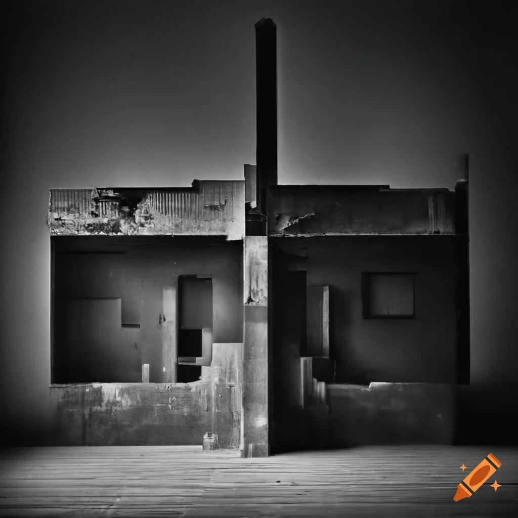 Ruined industrial brutalist architecture with dynamic sharp angles in fog