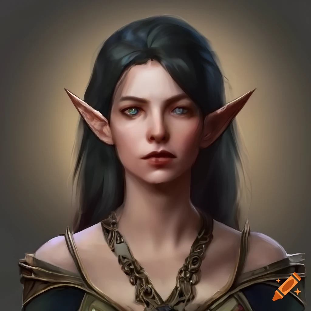 Portrait of a beautiful female elf with black hair in leather armor on ...