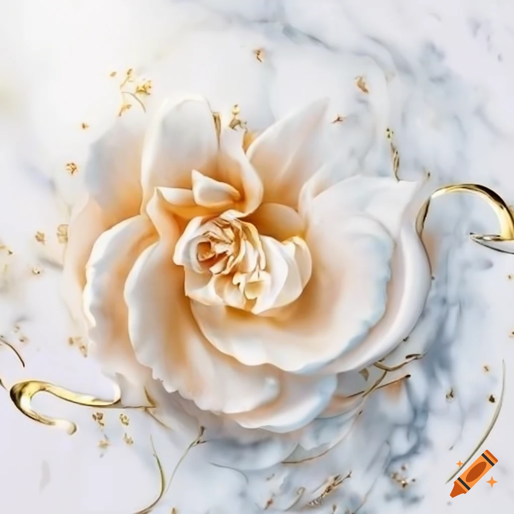 White marble flowers with gold accents on a white background