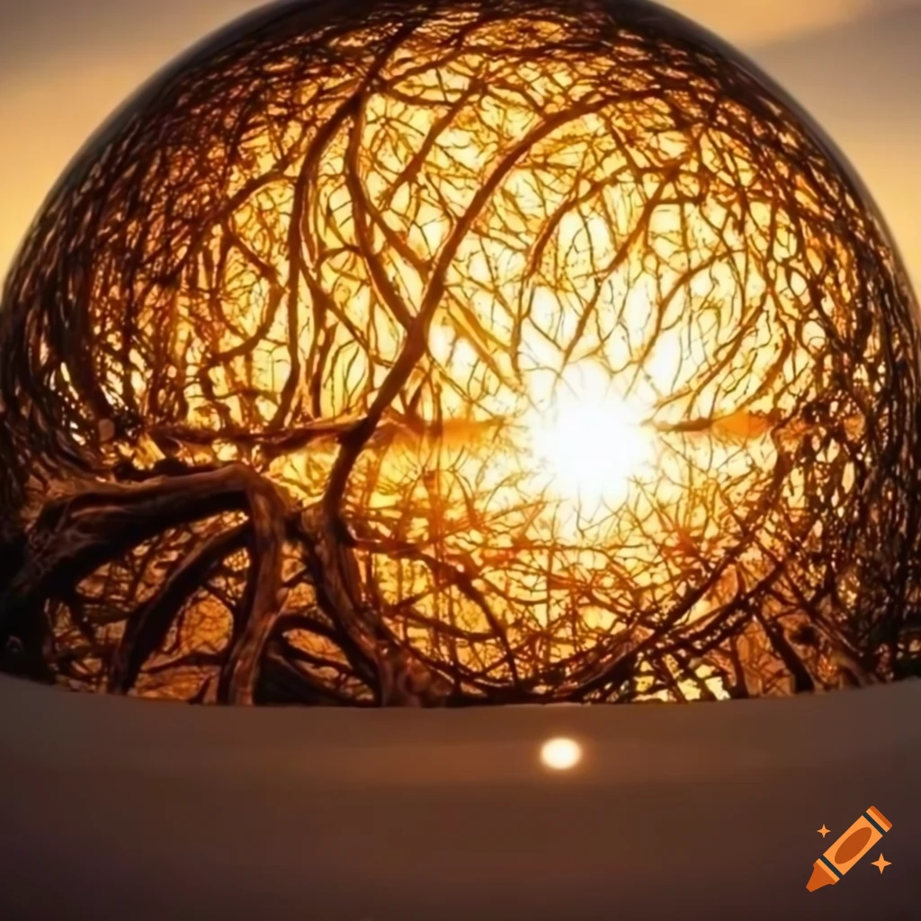 Tree sculpture inside a sphere illuminated by a golden sun