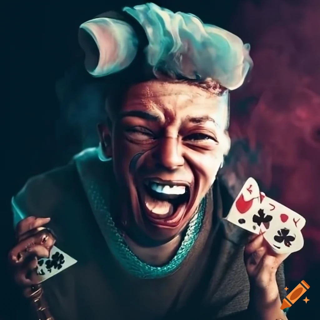 Charismatic rapper with a mischievous grin surrounded by smoke and cards