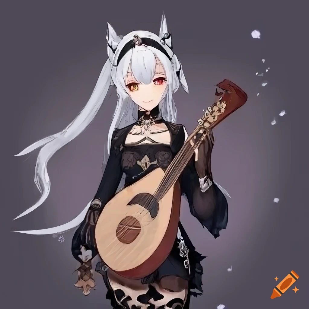 Young woman in black and white Gothic Lolita dress playing a lute in a medieval fantasy setting