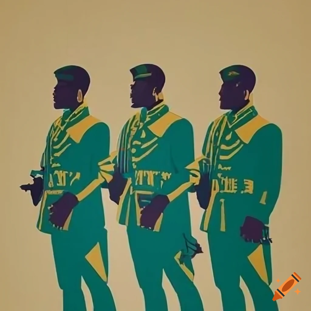 Soviet style propaganda poster with dark-skinned men in green army uniforms