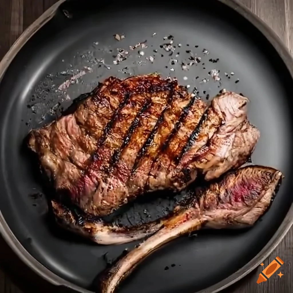 Perfectly seared tomahawk ribeye steak cooking with melted butter over open flame