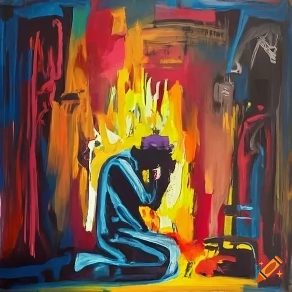 Man kneeling in prayer surrounded by abstract fire in Basquiat style painting