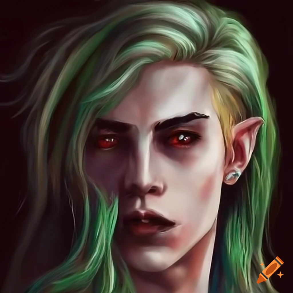 Young male vampire with blonde and light-green long hair