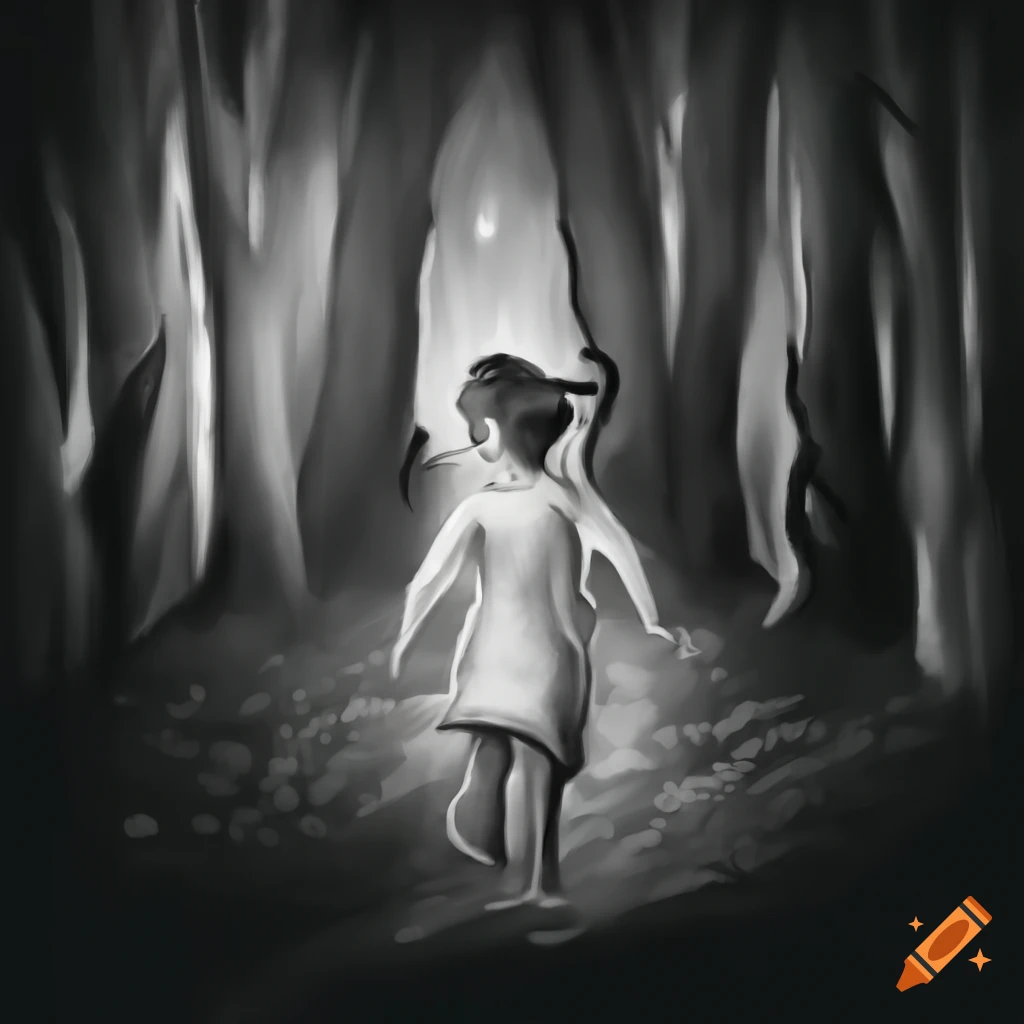 Girl running through a colorful dream forest
