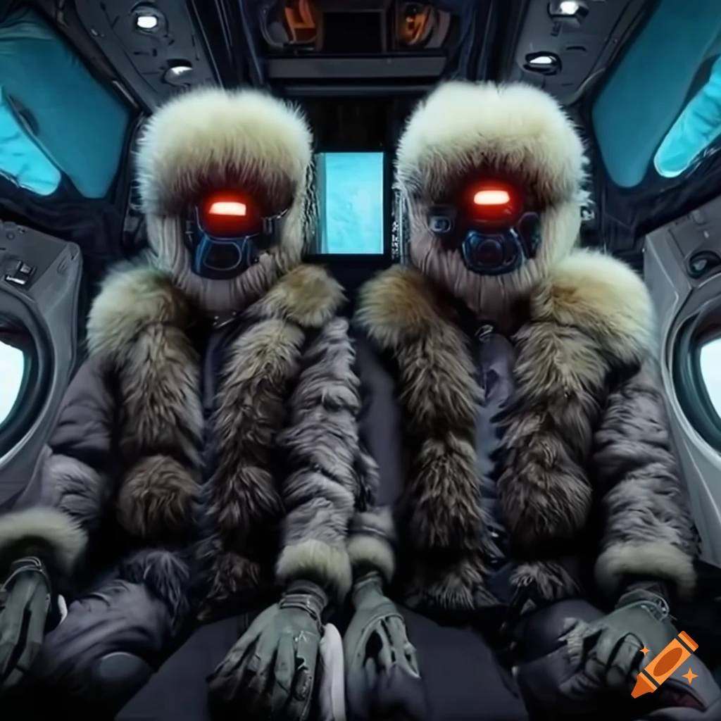 Scifi robots in fluffy bomber jackets operating a futuristic aircraft