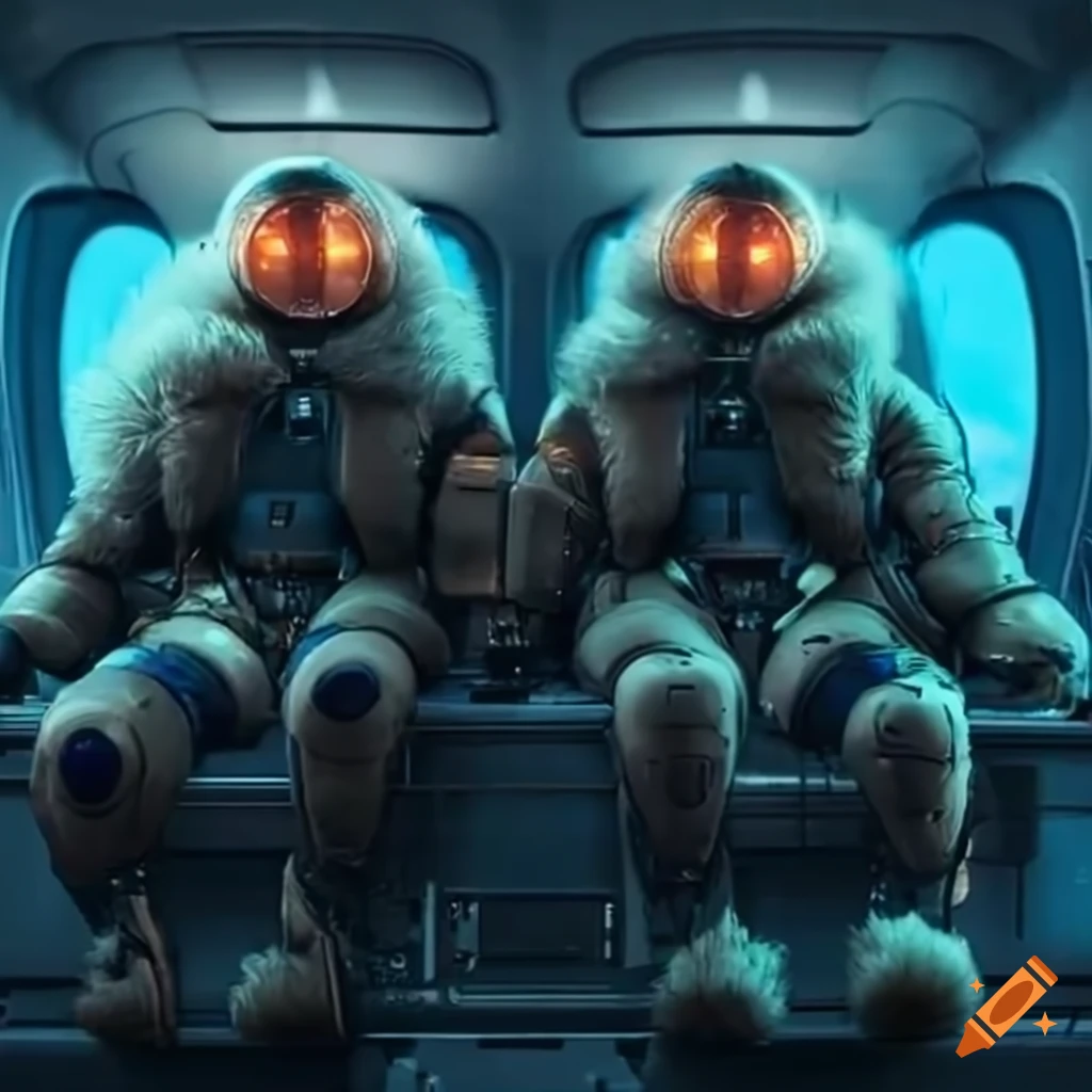 Scifi robots in fluffy bomber jackets hugging in aircraft on Craiyon